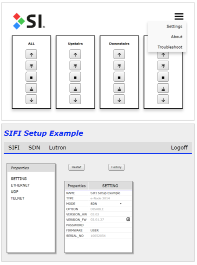 SIFI app interface showing shade group controls above and SDN settings panel with properties below