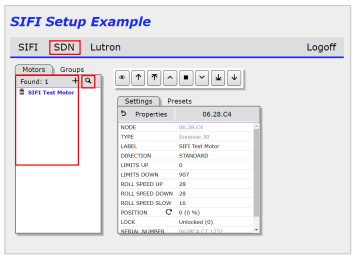 SIFI Setup Example screen showing SDN tab with SIFI Test Motor properties panel open