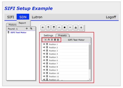SIFI Setup Example interface showing SDN tab with SIFI Test Motor selected and twelve preset positions listed
