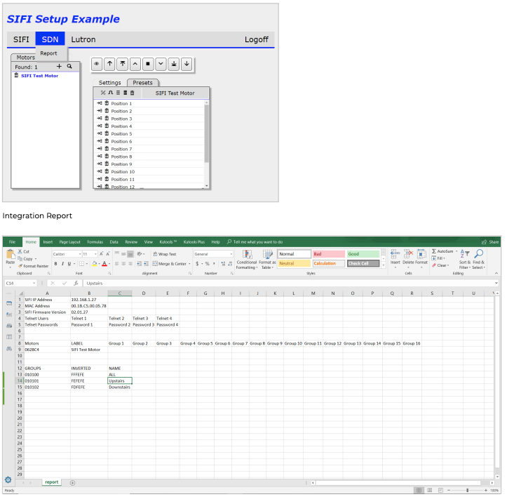 SIFI Setup Example software interface showing SDN motor positions list above an Excel integration report spreadsheet with motor groups and IP settings