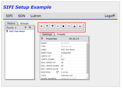 SIFI Setup Example interface showing motor properties panel with SIFI Test Motor settings and transport control buttons