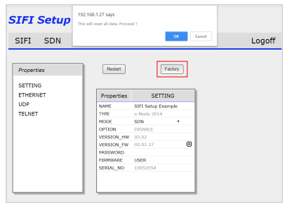 SIFI Setup browser interface showing Factory reset button highlighted with confirmation dialog