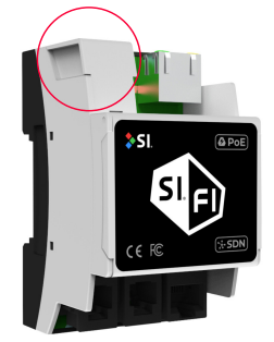 SIFI controller mounted on DIN rail with red circle highlighting the extendable DIN mounting ear
