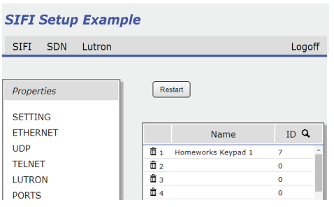 SIFI setup interface showing Lutron Devices tab with Homeworks Keypad 1 assigned ID 7