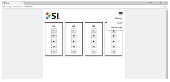 SI web interface browser window showing hamburger menu expanded with Settings, About, and Troubleshoot options