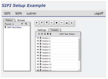 SIFI Setup Example interface showing Motors tab with SIFI Test Motor and Presets list of twelve positions