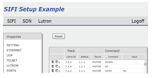 SIFI Setup Example interface showing Lutron track commands table with three motor entries mapping Lutron IDs to DOWN, UP, and GOTO actions
