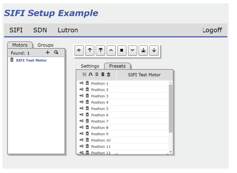 SIFI Setup Example interface showing Motors tab with SIFI Test Motor and Presets panel listing Positions 1-12