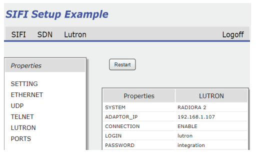 SIFI setup interface showing Lutron properties with RADIORA 2 system, IP address, and login credentials configured