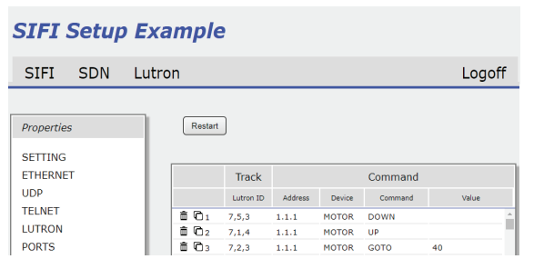SIFI Setup Example interface showing Lutron command table with three motor entries mapping Lutron IDs to DOWN, UP, and GOTO commands