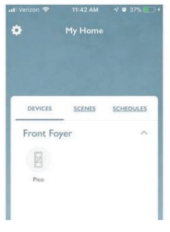 Lutron app My Home screen showing Devices tab with Front Foyer Pico remote listed