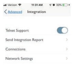 iPhone screen showing Integration settings menu with Telnet Support toggle enabled
