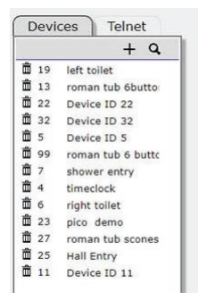 Lutron Devices panel listing captured keypad device IDs with assigned names