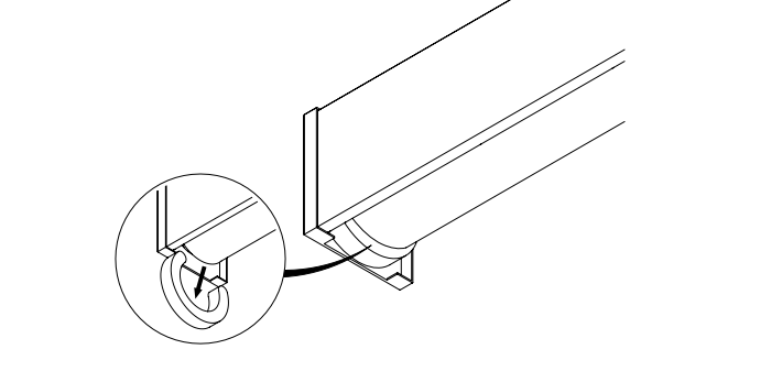 Isometric diagram showing cable routing through the end cap of a shade box bracket, with circular closeup detail of the connection point.