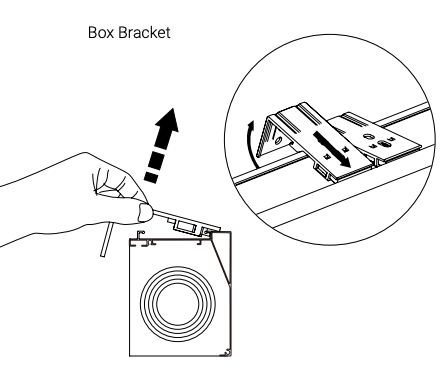 Hand lifting box bracket away from shade housing, with close-up showing bracket sliding off track