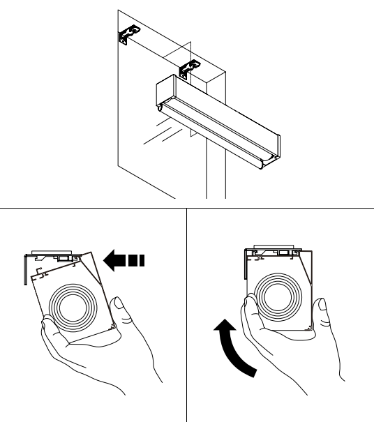 Diagram showing bracket removal steps: sliding bracket off shade end and rotating it away from housing