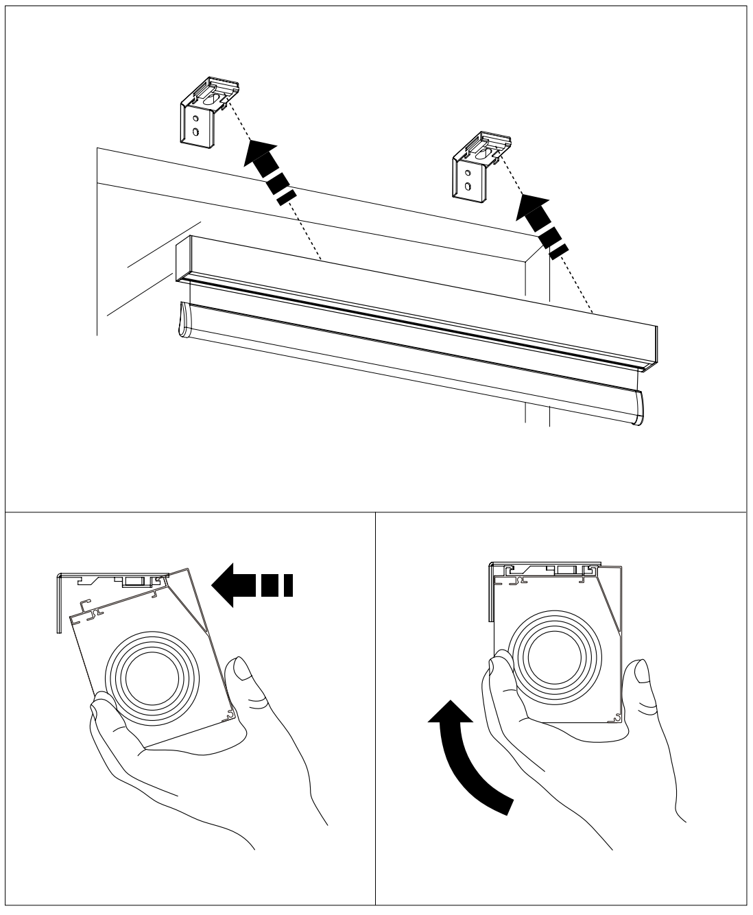 Two wall brackets attaching to roller shade headrail ends; below, hands sliding and rotating a bracket off the shade roll.