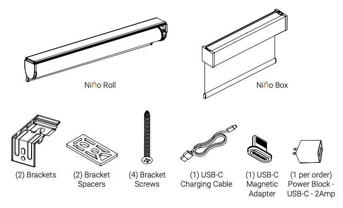 Niño Roll and Niño Box components exploded view showing brackets, spacers, screws, USB-C cable, magnetic adapter, and power block