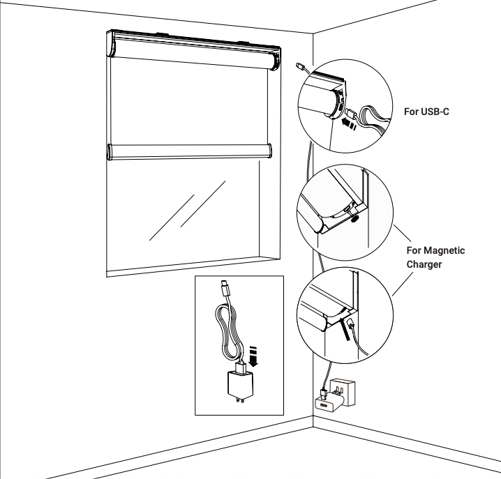Niño Open Roll shade charging diagram showing USB-C and magnetic charger connection options with closeup callouts