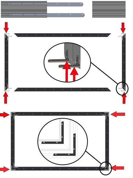Two-part diagram showing corner bracket insertion into vertical frame pieces and assembled frame with corner detail inset