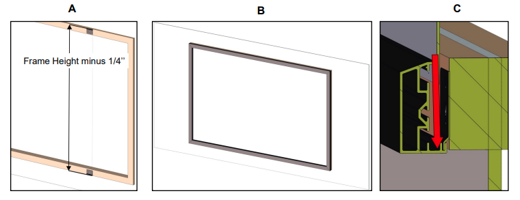 Three-panel diagram showing frame height measurement minus one-quarter inch, assembled frame on wall, and cross-section of frame channel with red arrow indicating downward sliding direction.