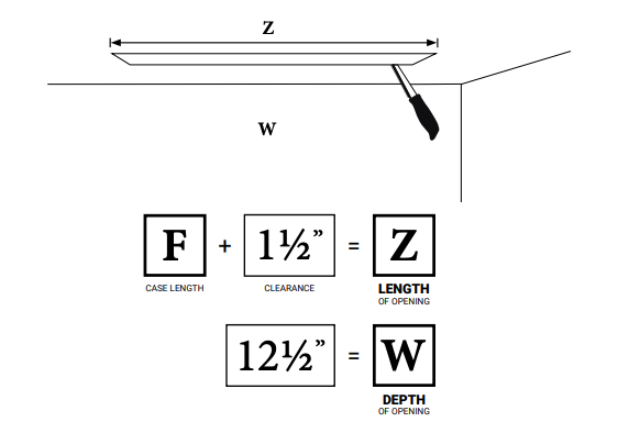 Diagram showing ceiling opening dimensions: case length F plus 1½ inch clearance equals opening length Z, and 12½ inch equals opening depth W