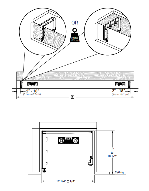 Ceiling bracket mounting diagram showing 2-18 inch bracket placement range and 12 1/4 inch case width with 10 to 10 1/2 inch ceiling depth detail