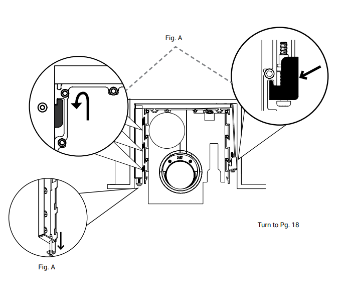 Exploded diagram showing three callout circles: rotating bracket, sliding bracket with downward arrow, and motor component with arrow indicator labeled Fig. A