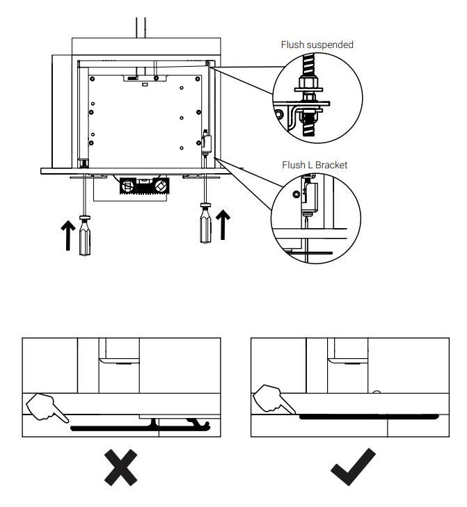 Diagram showing flush suspended and flush L bracket mounting details with correct and incorrect screen insertion methods below