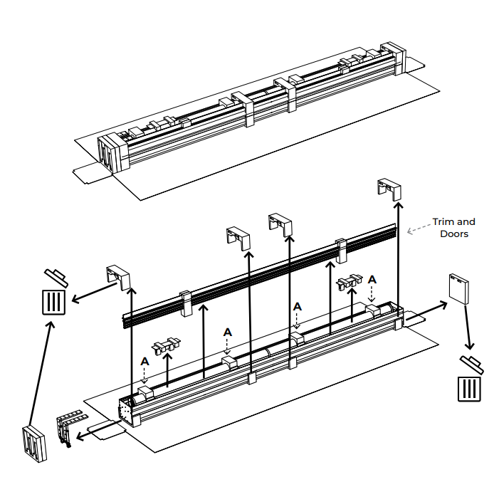 Exploded diagram showing KAOS case components: trim, doors, foam inserts labeled A, and mounting brackets with assembly arrows