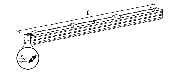 Diagram of KAOS case with dimension F spanning full length and connector detail callout at left end