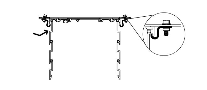 Diagram showing S-hook carriers clipped onto the KAOS track rail, with a magnified callout detail of a single S-hook attachment point