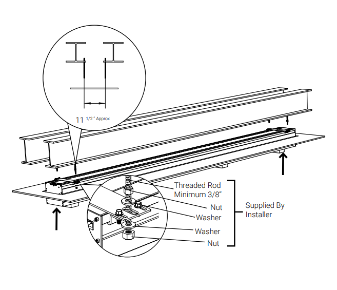 Diagram showing KAOS case mounted to I-beams using threaded rod, nut, and washer hardware with 11½-inch beam spacing callout