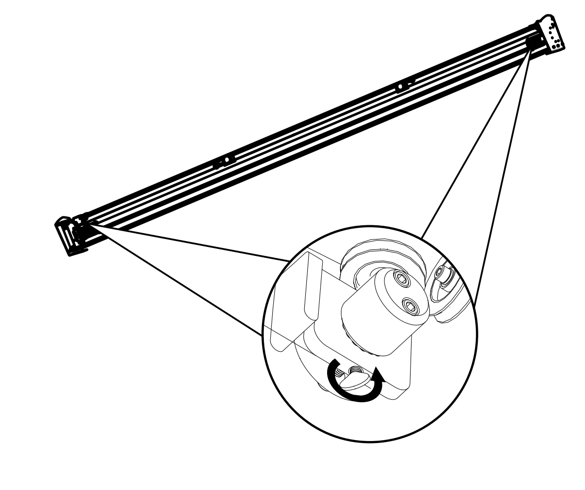 Exploded diagram of roller tube end cap with callout showing screw tightening detail at bracket connection point