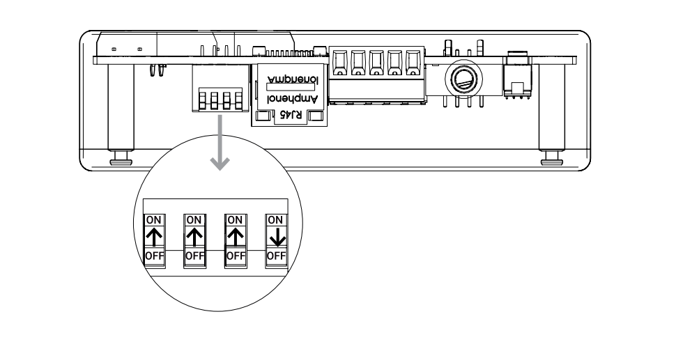Four-position DIP switch bank with switches 1-3 set to ON and switch 4 set to OFF