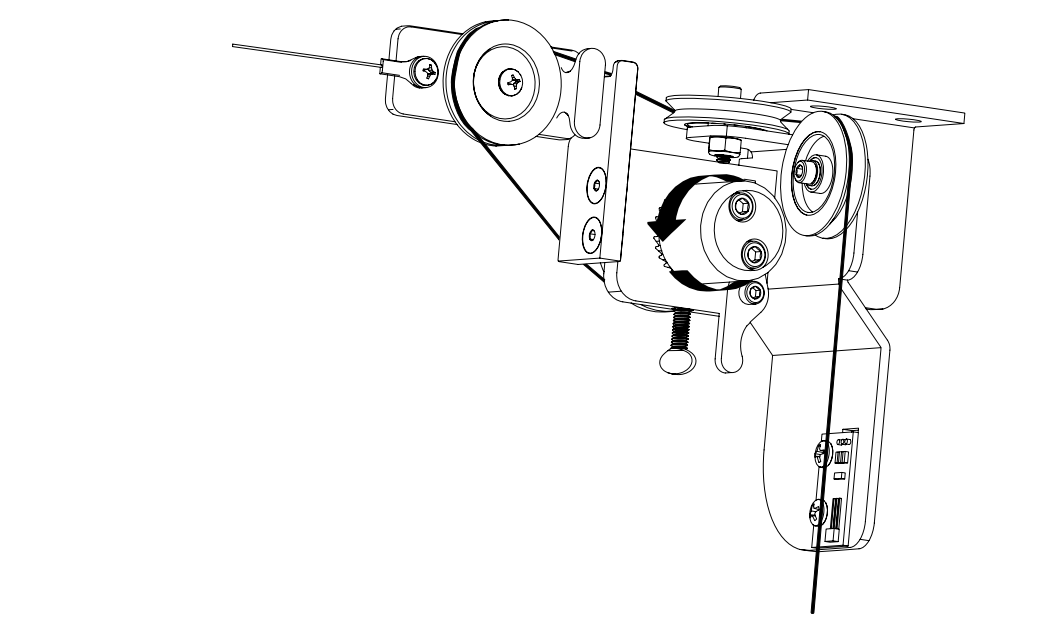 Diagram showing cable routing through KAOS motor assembly with rotation arrow indicating adjustment direction