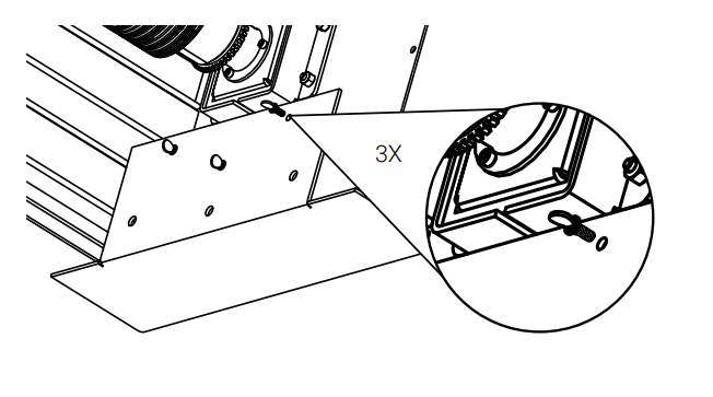Closeup diagram showing three screws securing the L-bracket to the KAOS case ceiling mount