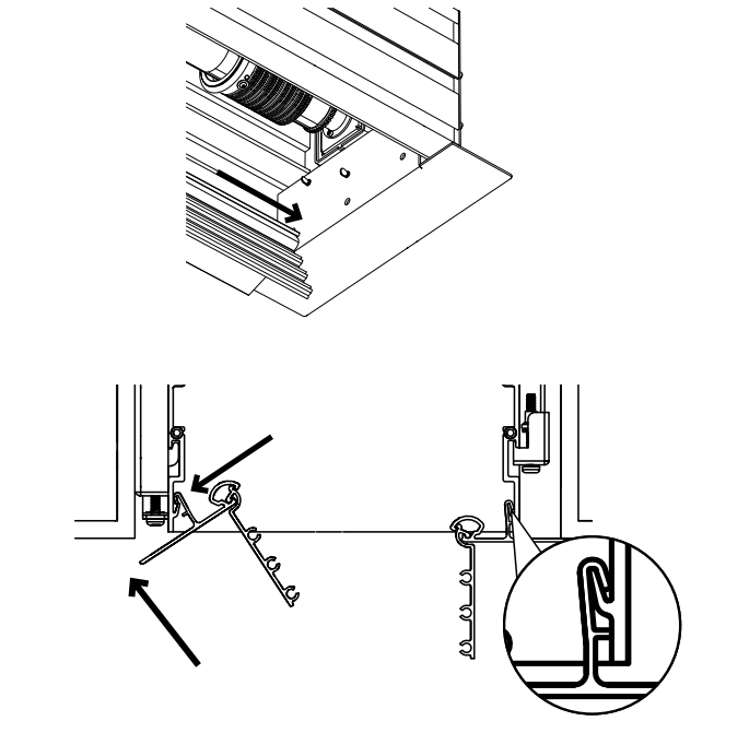 Two-part diagram showing KAOS case slid into ceiling opening above, and bottom view of chain and hook attachment points with closeup detail of hook engagement below.