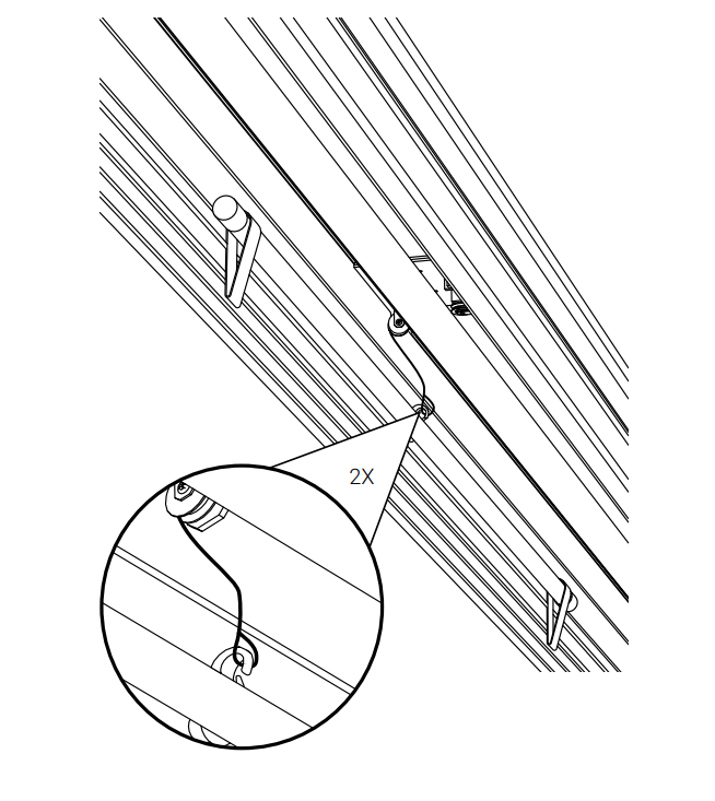 Magnified callout showing cable hook attachment point on screen case, repeated twice at two locations