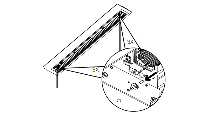Ceiling cutout diagram showing three L-bracket screw locations with magnified view of bracket and cable routing