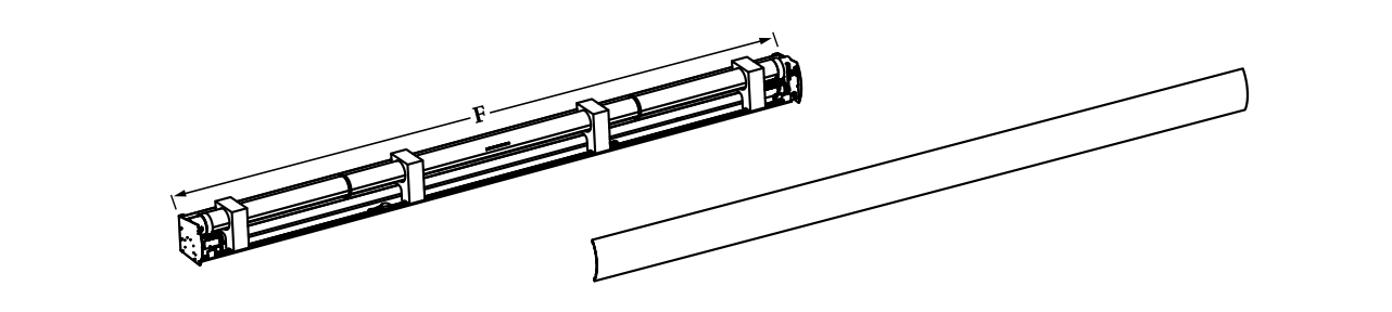 Diagram showing roller tube assembly with dimension F labeled across full length, alongside separate fascia piece