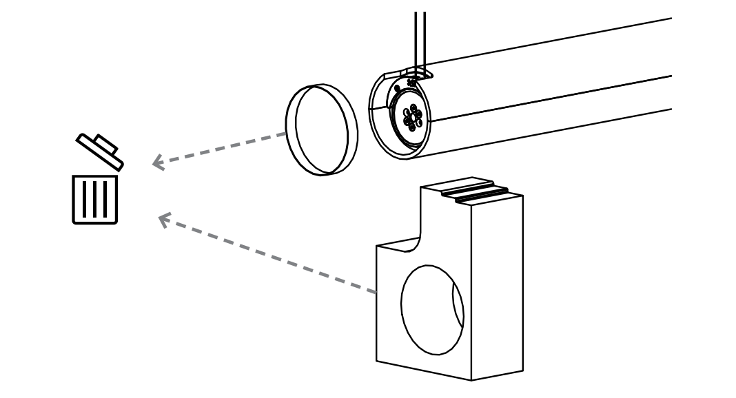 Diagram showing end cap and bracket components with dashed arrows pointing to trash icon indicating parts to discard during installation.