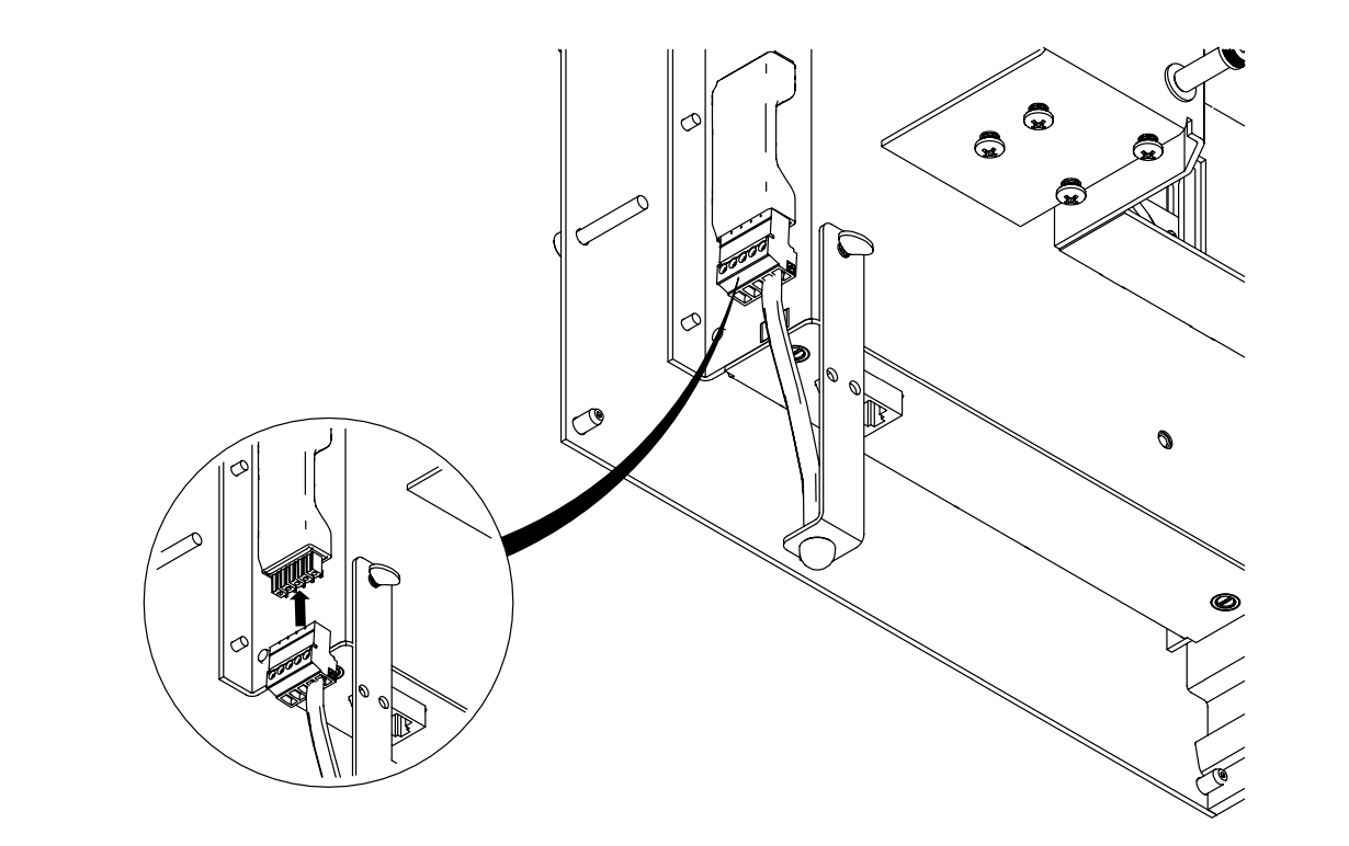 Cable connector plugged into motor housing on mounting bracket, with magnified inset detail view