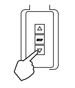 Finger pressing the down button on a three-button wall switch keypad