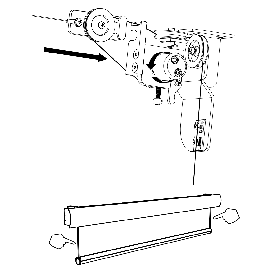 Motor drive mechanism with rotation arrow and roller tube case shown below, arrows indicating alignment points