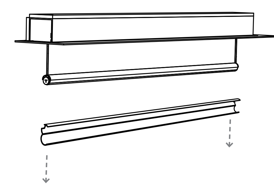 Diagram showing fascia set aside above case, with roller tube and separate bottom channel piece indicated by dashed arrows pointing downward