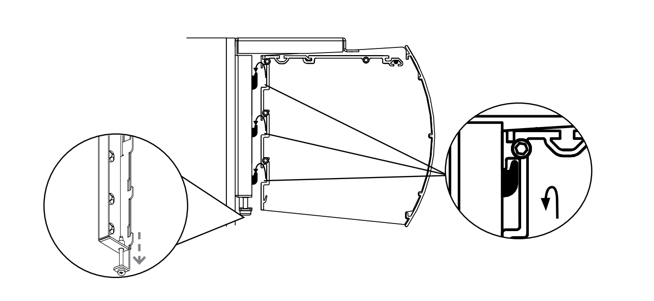 Diagram showing case swinging open on hinges with callouts: side rail sliding down and latch rotating to unlock