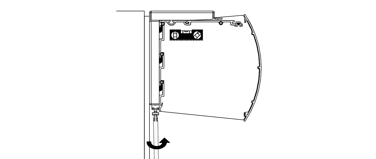 Side view of shade case hooking onto wall bracket with rotation arrow indicating pivot motion