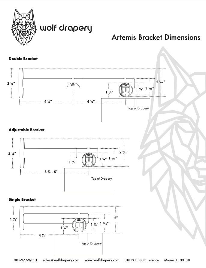 Wolf Drapery Artemis Bracket dimensional drawings for double, adjustable, and single bracket variants with labeled measurements