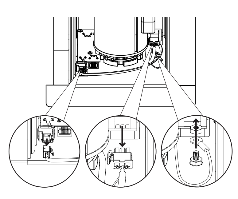 Three callout circles showing cable connector, wiring plug insertion, and grounding screw disconnect points on the left side of the case